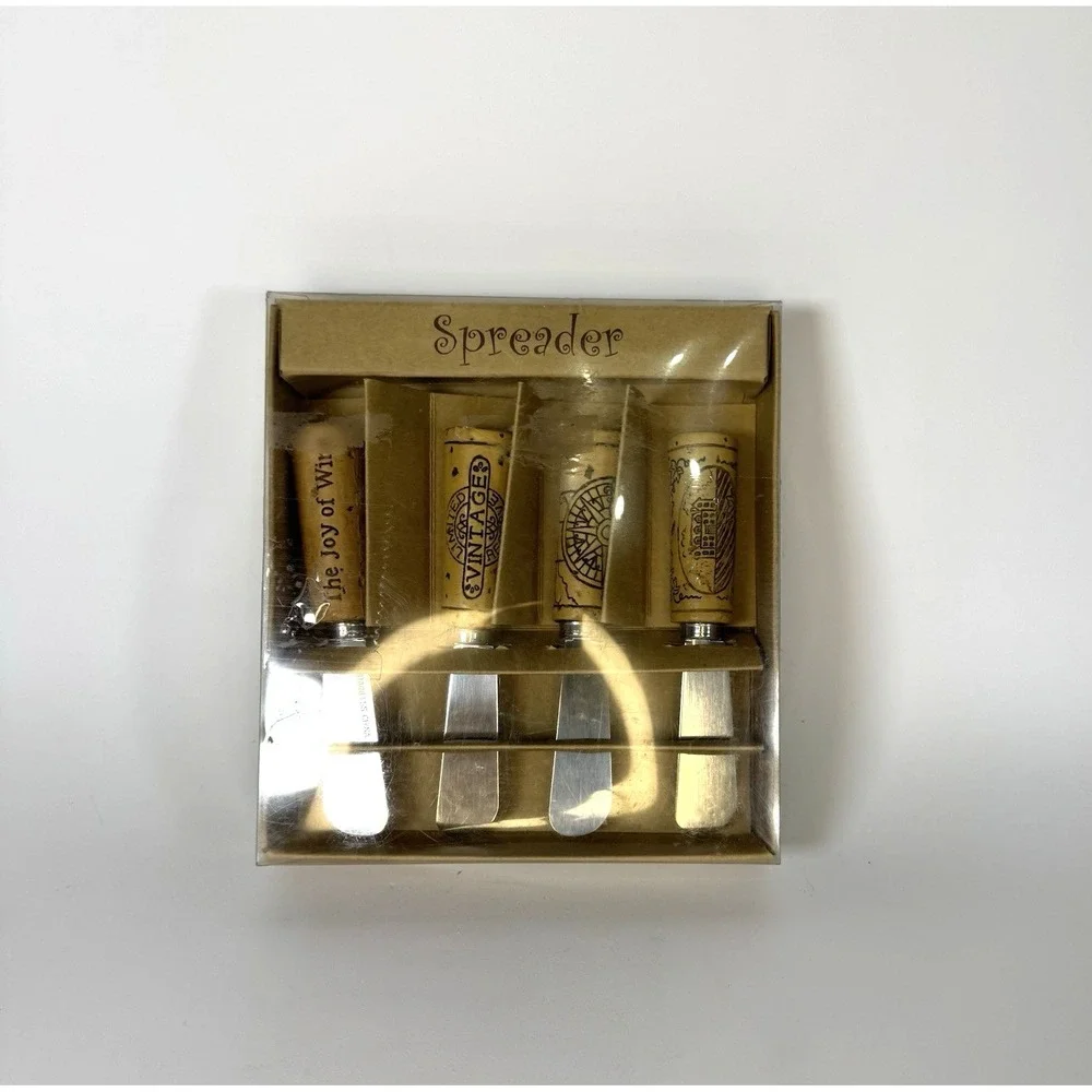 Vtg Cheese/Butter Spreader Resin Wine Cork Set Of 4 Stainless‎ Steel in Box